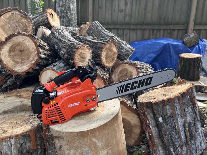 Chainsaw resting on a cut oak round beside a stack of logs in Myrtle Beach, SC