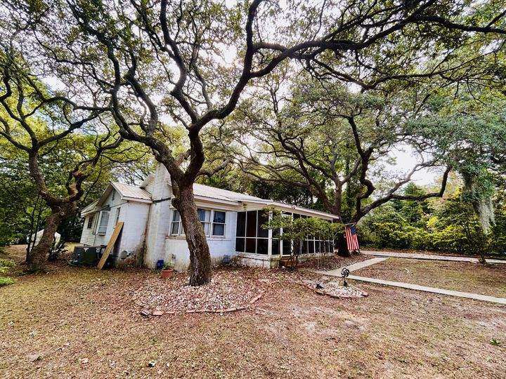 Sprawling live oaks with Spanish moss shading a white cottage